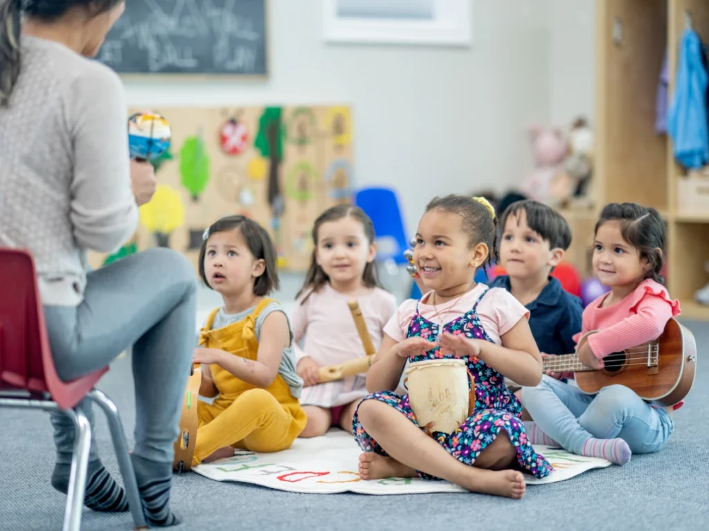 Kids on music class with instruments