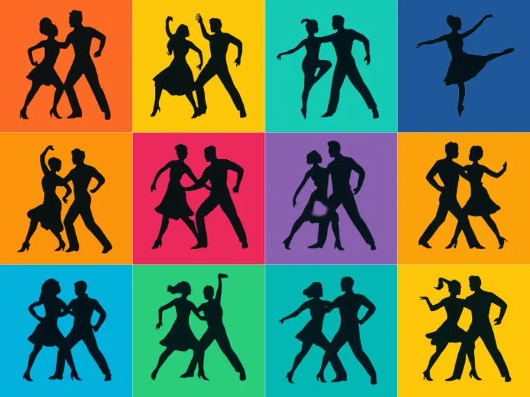 Vibrant digital collage in a grid format, showcasing different fusion dance styles. Each square features a bold, colorful background with a silhouette of dancers striking dynamic poses