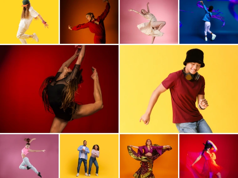 A vibrant collage showing dancers of different styles in action