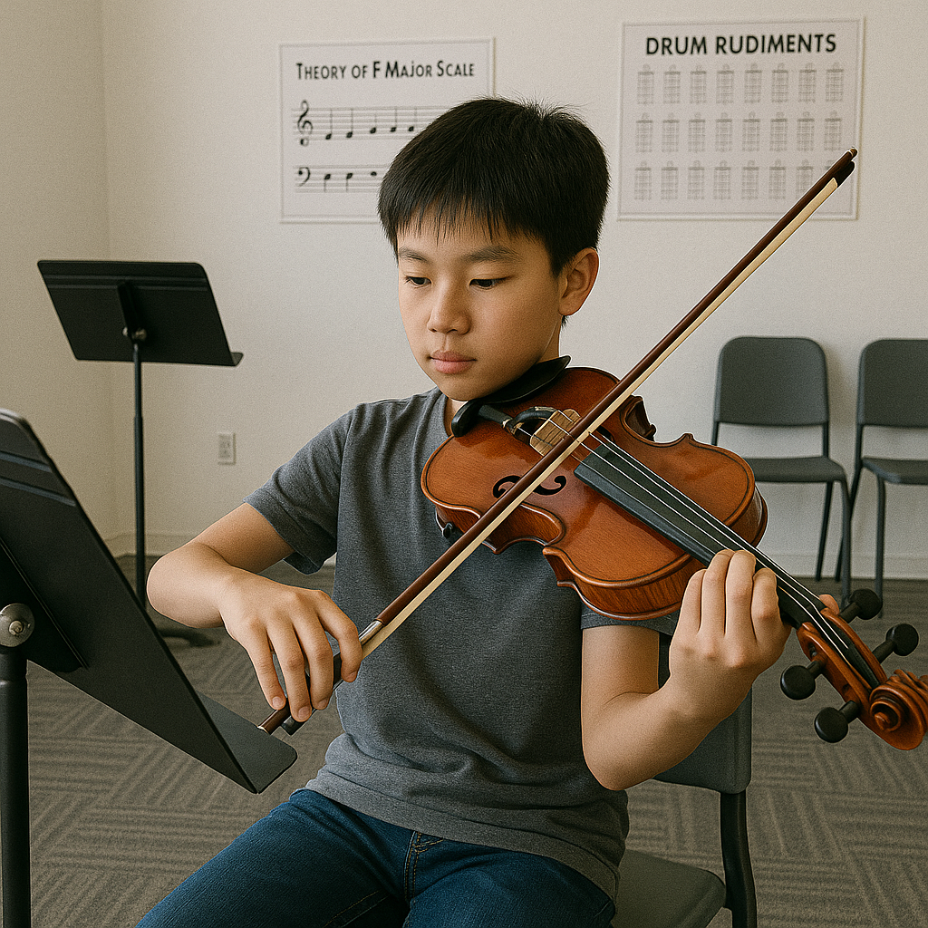 boy playing violin, learning the art with focus and dedication.