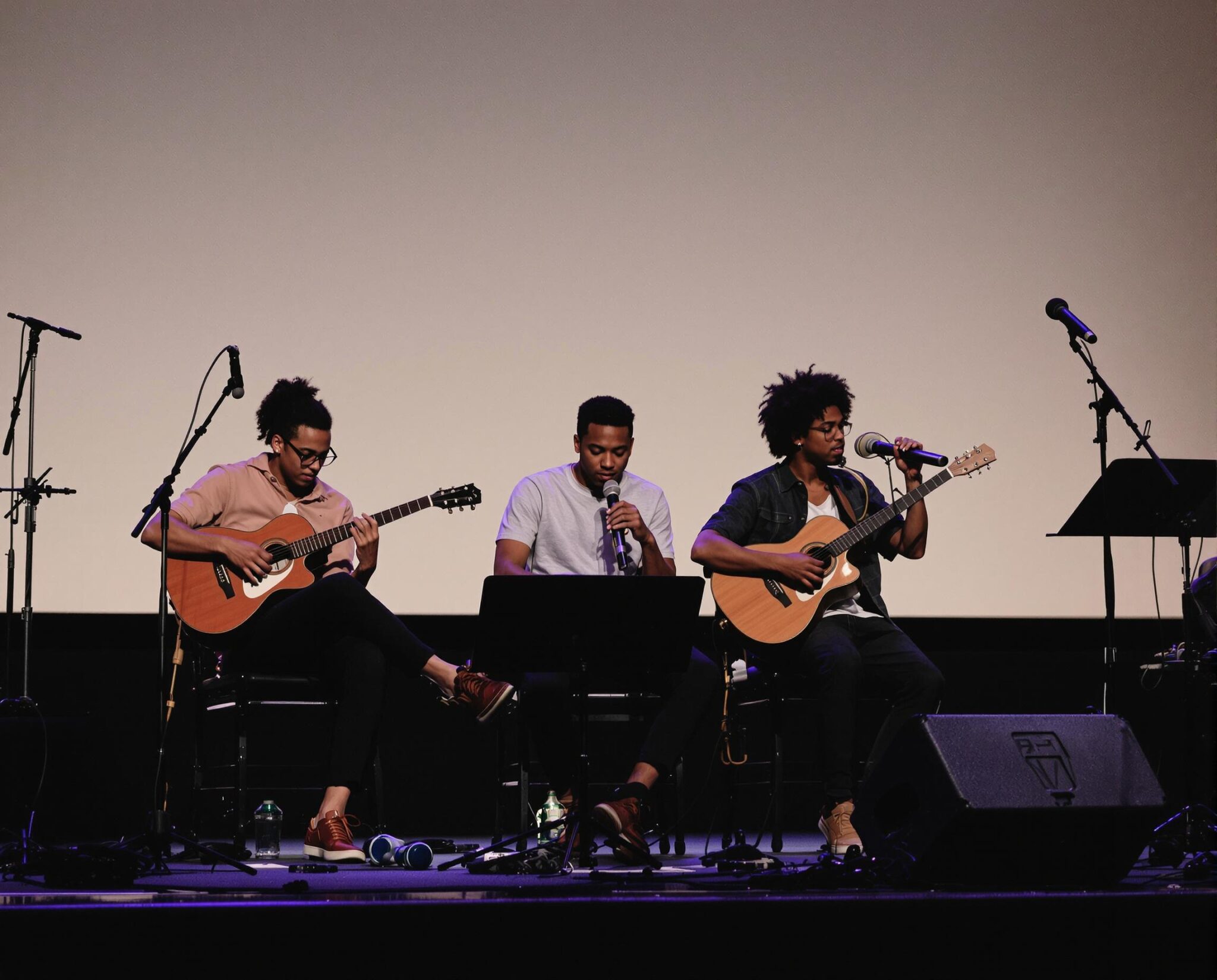 Students performing together in an acoustic guitar ensemble at Learn The Arts