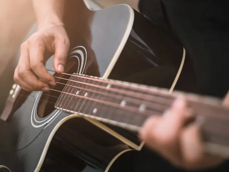 Close-up of guitar parts labeled including fretboard, strings, tuning pegs, and body for beginners