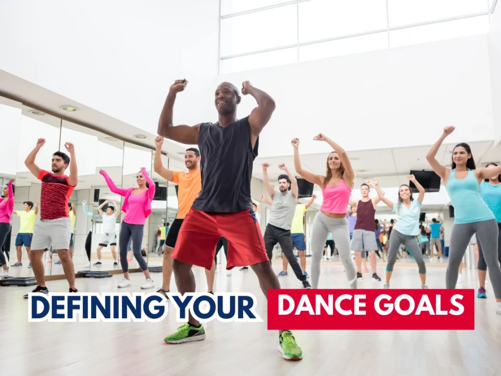 Adult beginners participating in a dance class in California studio with instructor demonstrating basic choreography in a supportive group setting