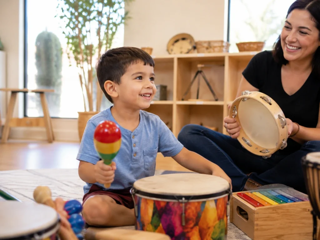 Child playing colorful percussion instruments during a fun music lesson in Gilbert, Arizona