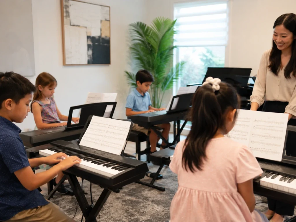 Children attending a group piano class in a modern studio in Westminster, CA
