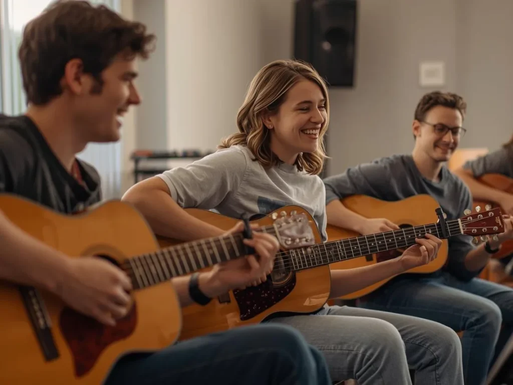Group of adult students learning guitar together in a relaxed music lesson setting in Arizona classroom environment
