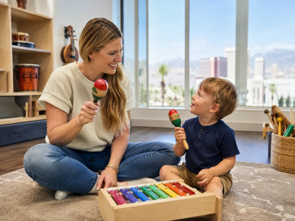 Parent and child participating in early music learning session in Las Vegas, NV
