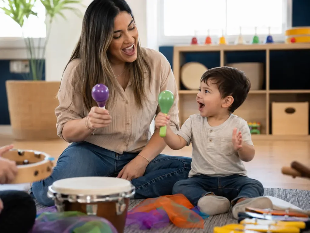 Parent and toddler enjoying preschool music class in Gilbert, Arizona through singing, movement, and rhythm exercises