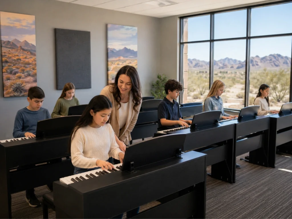 Piano classroom in Nevada with students practicing keyboard