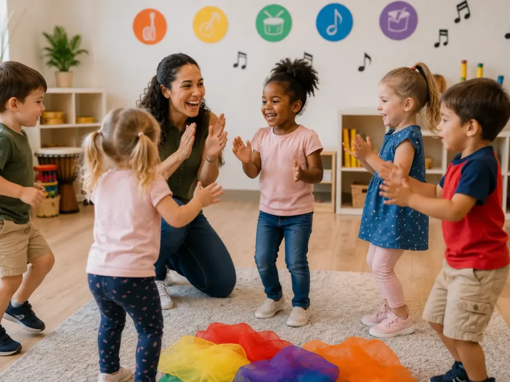 Preschool students dancing, clapping rhythms, and learning through interactive play