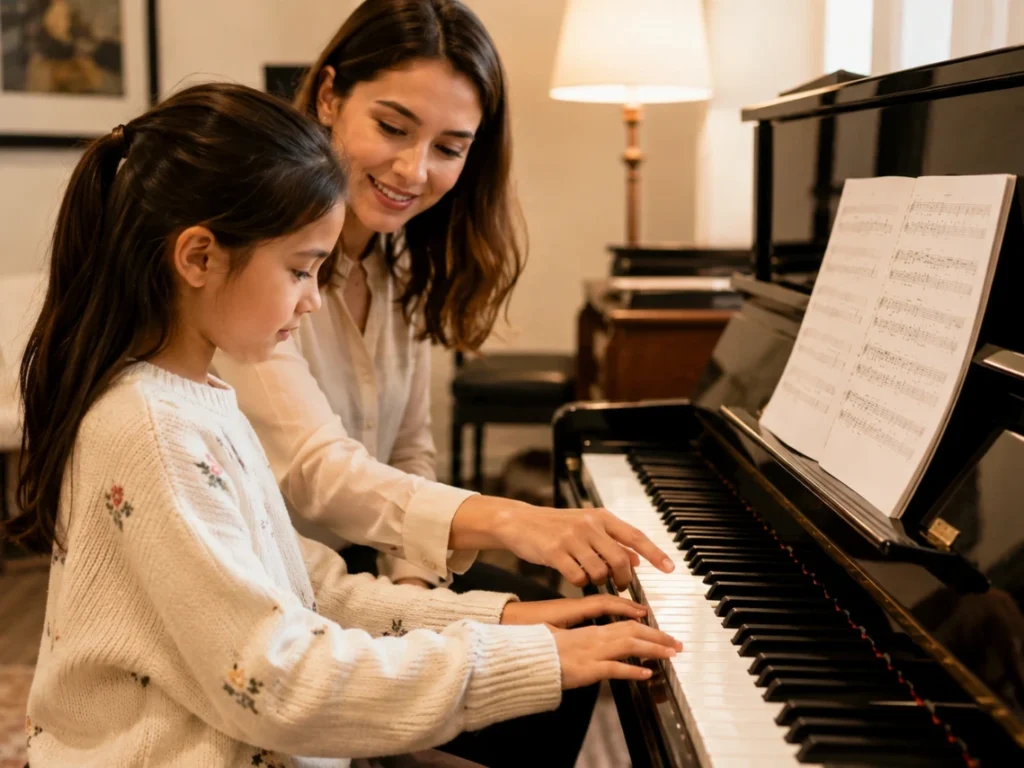 Private piano lesson in California showing instructor guiding beginner student at upright piano in a music studio setting