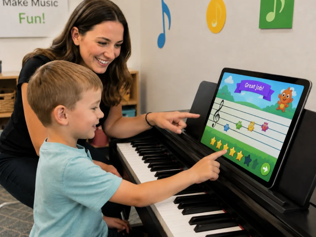 Student practicing piano through game-based learning music lesson in Gilbert Arizona