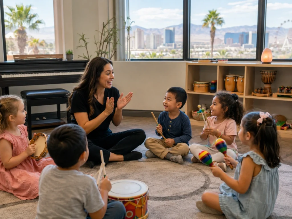 Teacher guiding young children in rhythm activities during a music program in Las Vegas, NV