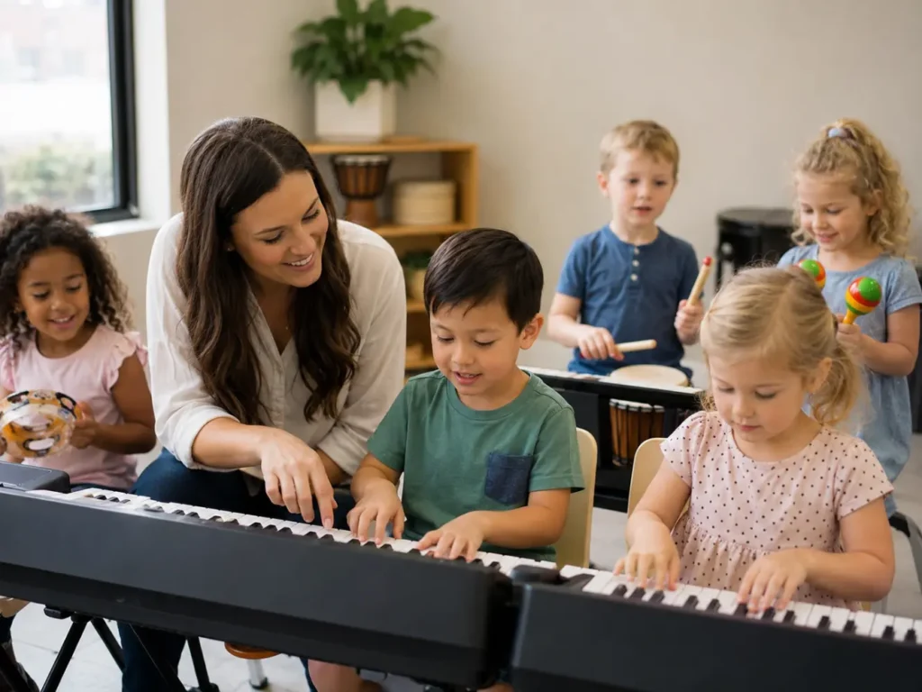Young music teacher guiding a group of preschool children in an early childhood music class with keyboards and rhythm activities in Gilbert, Arizona