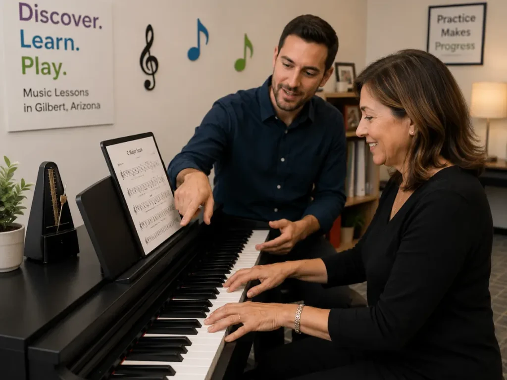 Adult piano student learning keyboard techniques with a piano teacher in Gilbert, Arizona