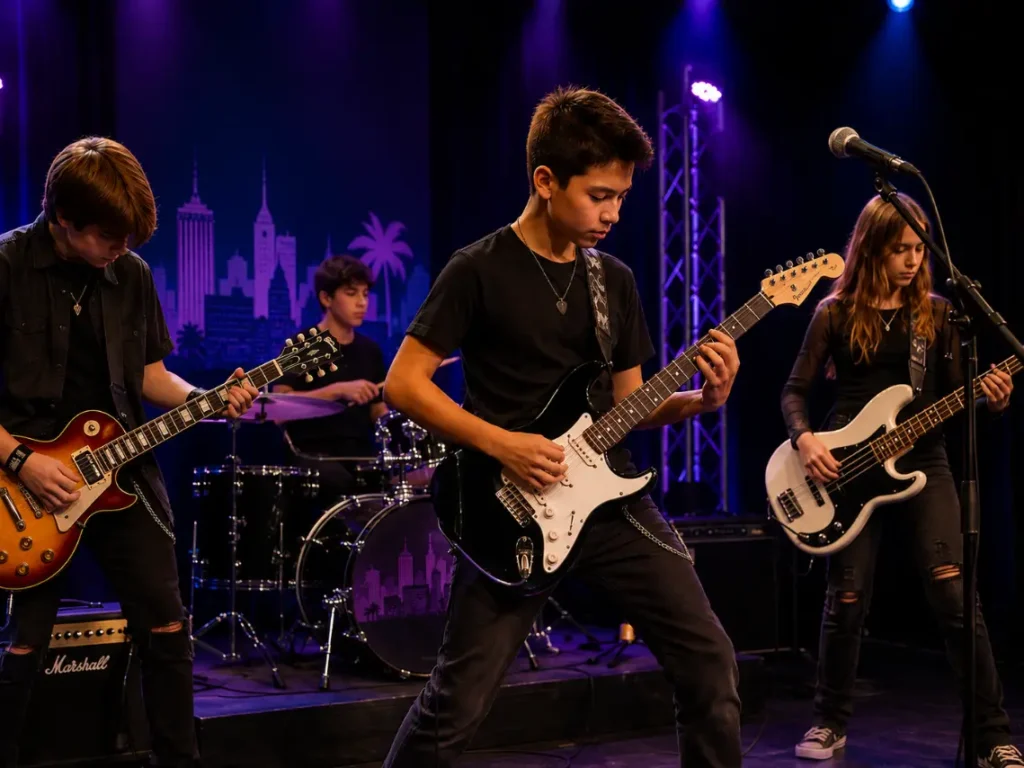Group of students performing live on stage in Las Vegas, NV, as part of an electric guitar program showcase, demonstrating confidence and stage performance skills.