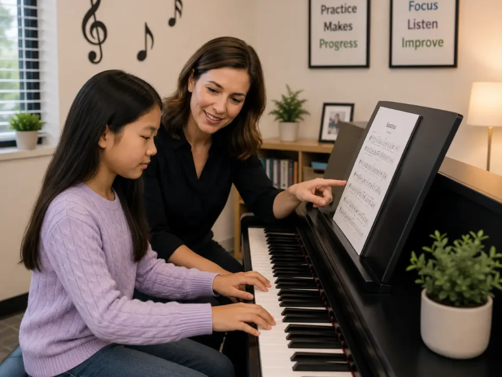 Piano instructor teaching a student during a private piano lesson program in Arizona