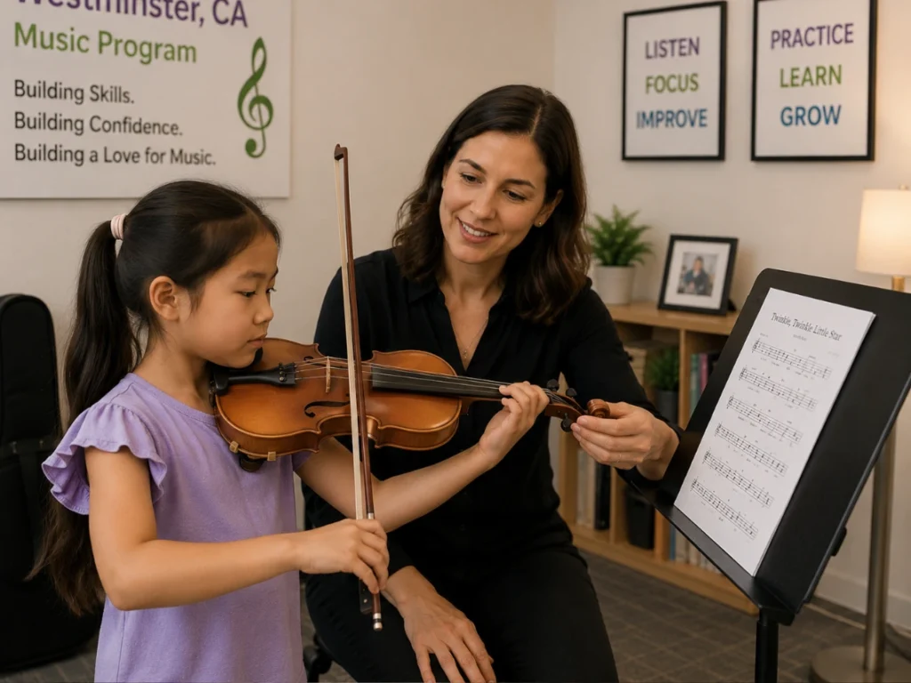 Student practicing violin with instructor during a beginner violin lesson in Westminster, CA music program