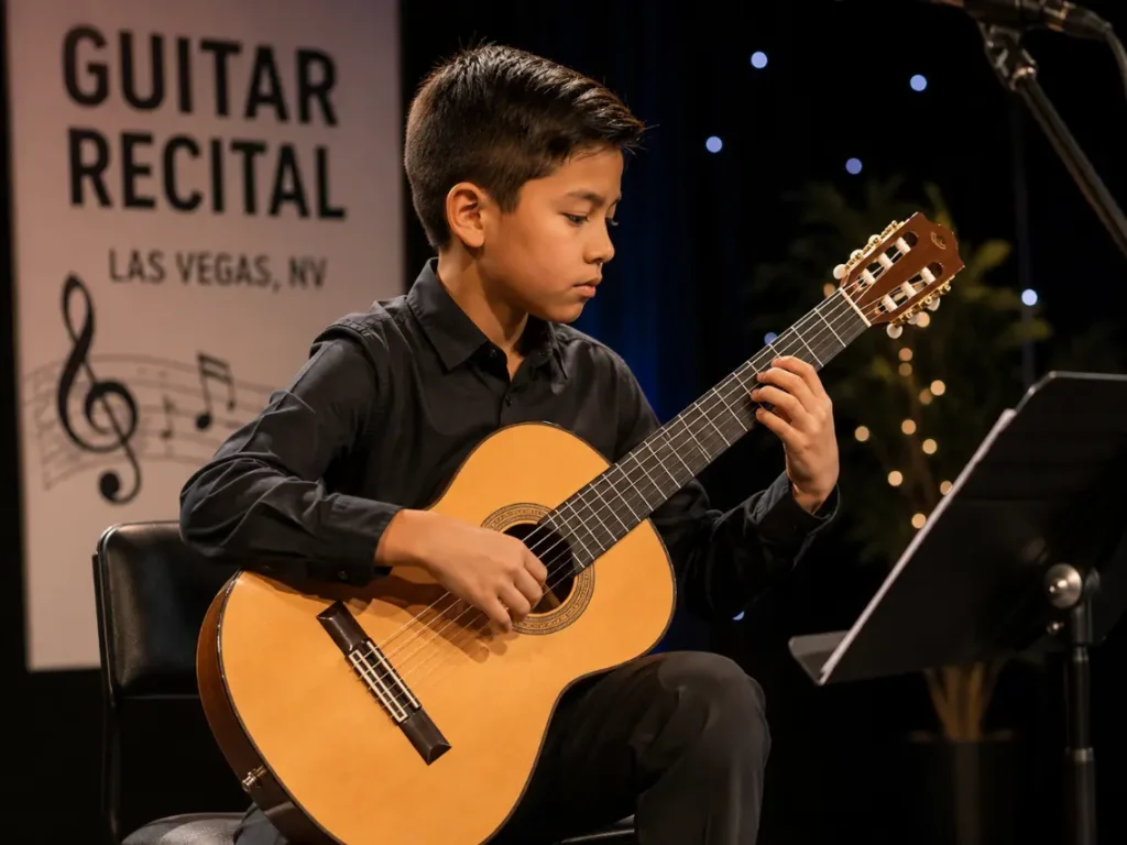 Young guitarist performing on stage at a recital in Las Vegas, NV, showcasing skills learned through a comprehensive guitar program and music education training