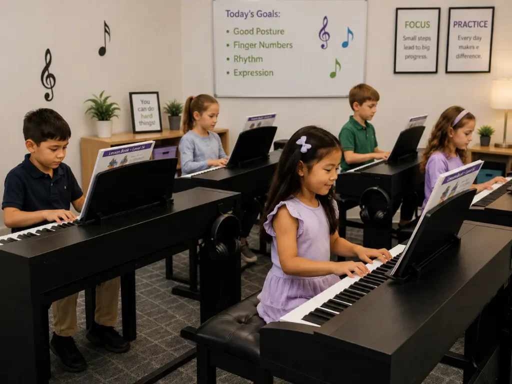 Young piano students participating in a structured piano program class in Arizona music school