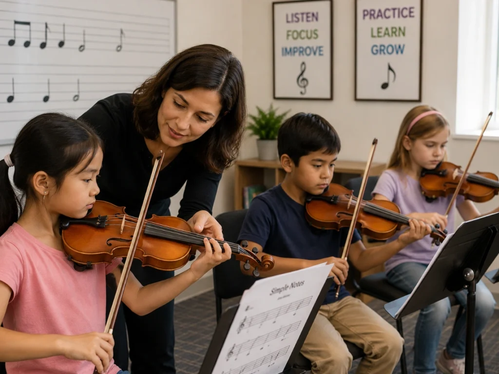 Young students practicing violin basics in Arizona while teachers guide finger placement and simple note reading for beginners.